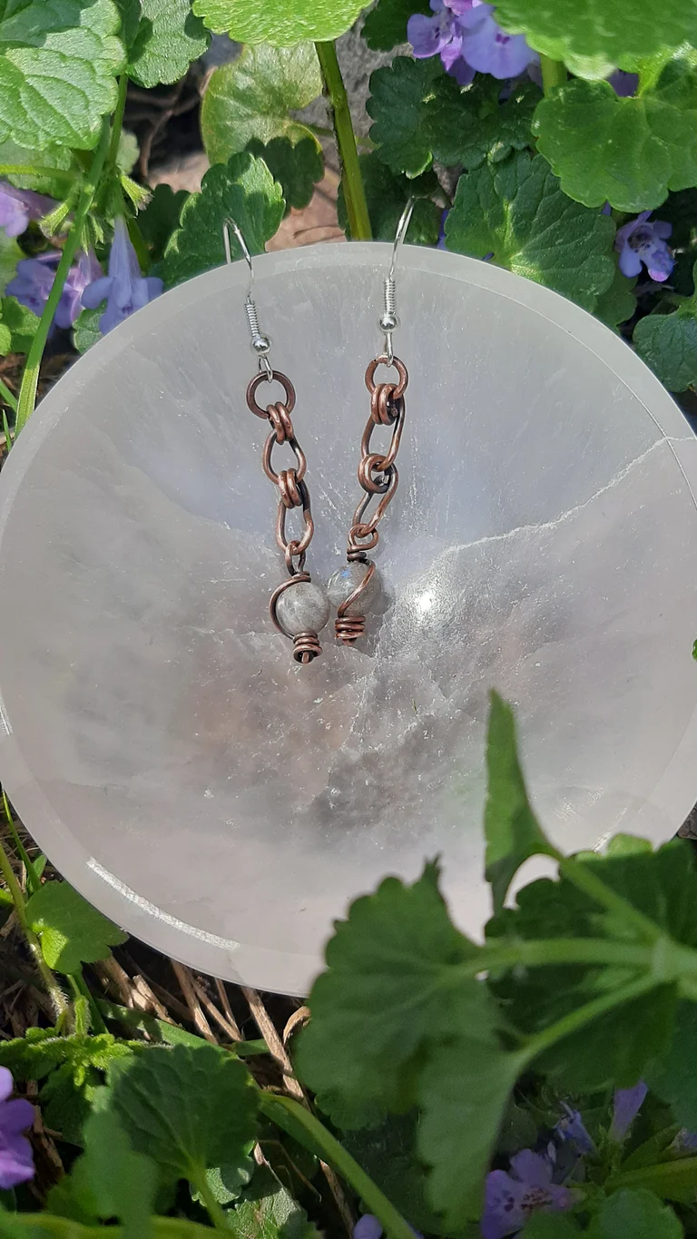 Labradotite earings in oxydized copper